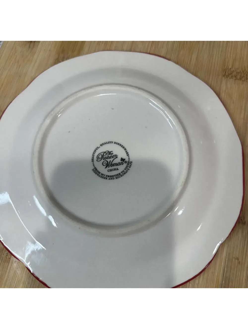 Pioneer Woman Salad Lunch Plates 2 Two Happiness Scallop Teal Dot Red Trim 8.5